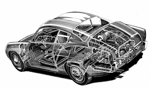 Artist cut-away rendering of Abarth 750 Zagato.