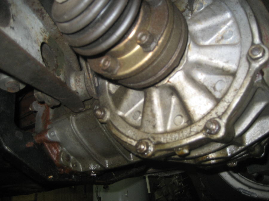 underside view of mounted Hewland transaxle